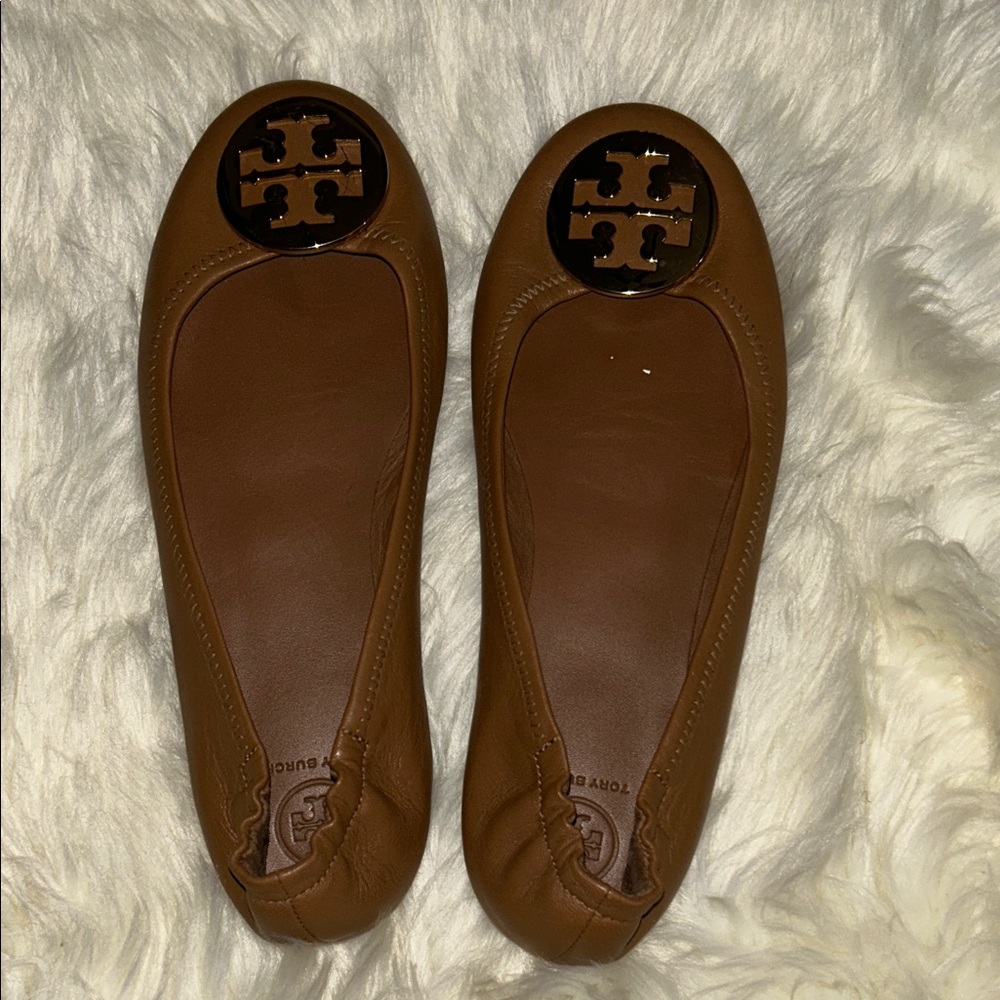 Tory Burch Tan Leather Flats with Logo Accent